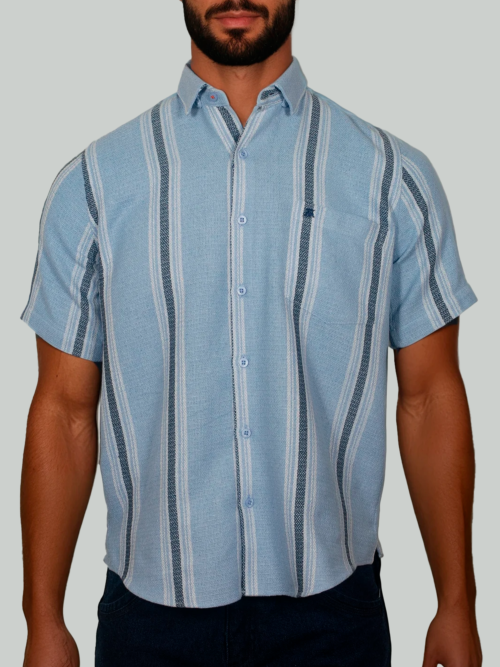 Camisa Hombre Manga Corta 100% Algodón Tipo Lino con Líneas Verticales