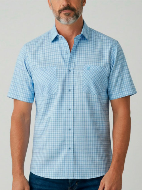 Camisa Manga Corta Micro Cuadros con Doble Bolsillo