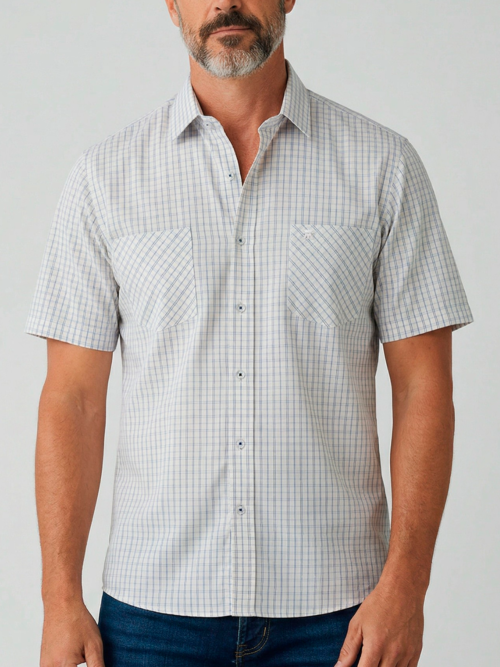 Camisa Manga Corta Micro Cuadros con Doble Bolsillo