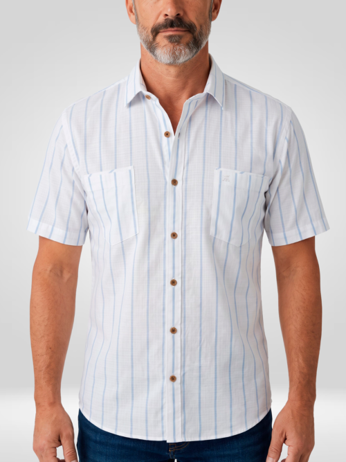Camisa para Hombre Manga Corta Blanca con Líneas Verticales